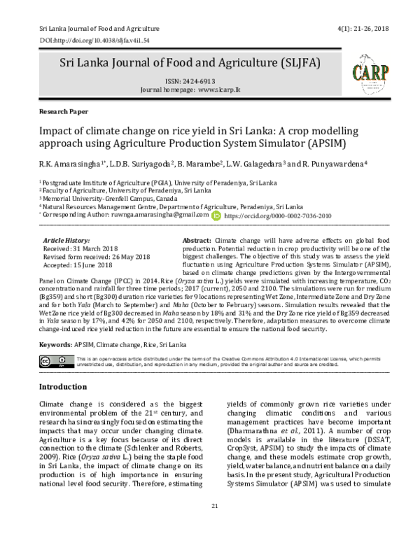 (PDF) Impact of climate change on rice yield in Sri Lanka: a crop ...