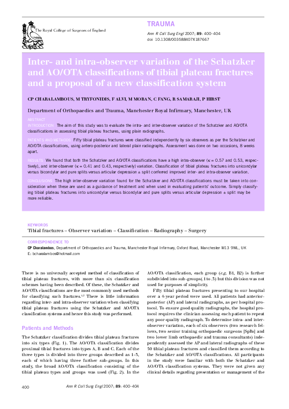 (PDF) Inter- and Intra-Observer Variation of the Schatzker and AO/OTA ...