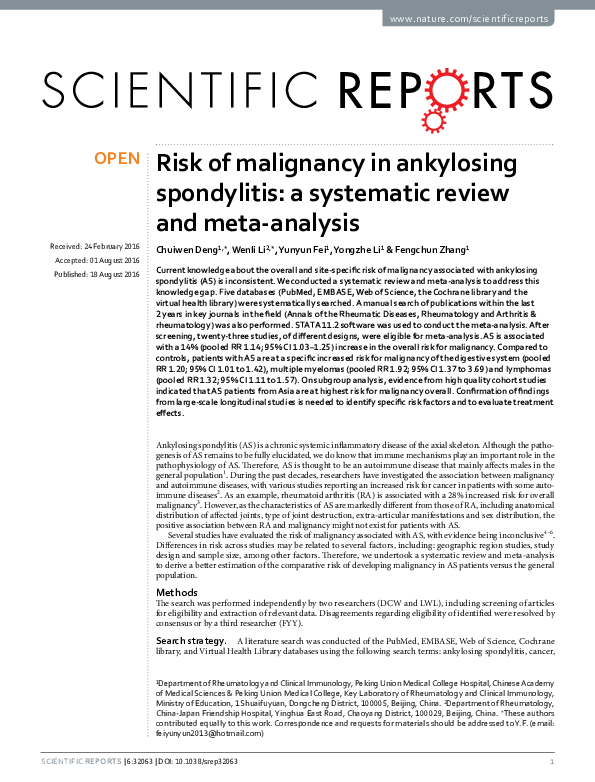 (PDF) Risk of malignancy in ankylosing spondylitis: a systematic review ...