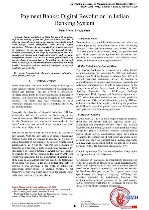 (PDF) Payment Banks: Digital Revolution in Indian Banking System