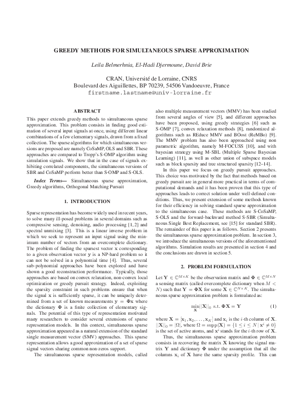 (PDF) Greedy methods for simultaneous sparse approximation