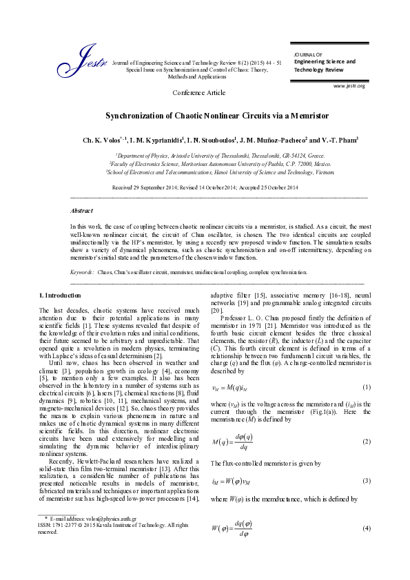 (PDF) Synchronization of Chaotic Nonlinear Circuits via a Memristor
