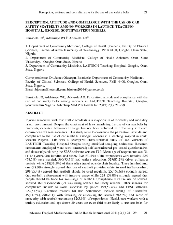(PDF) Perception, Attitude and Compliance with the Use of Car Safety ...