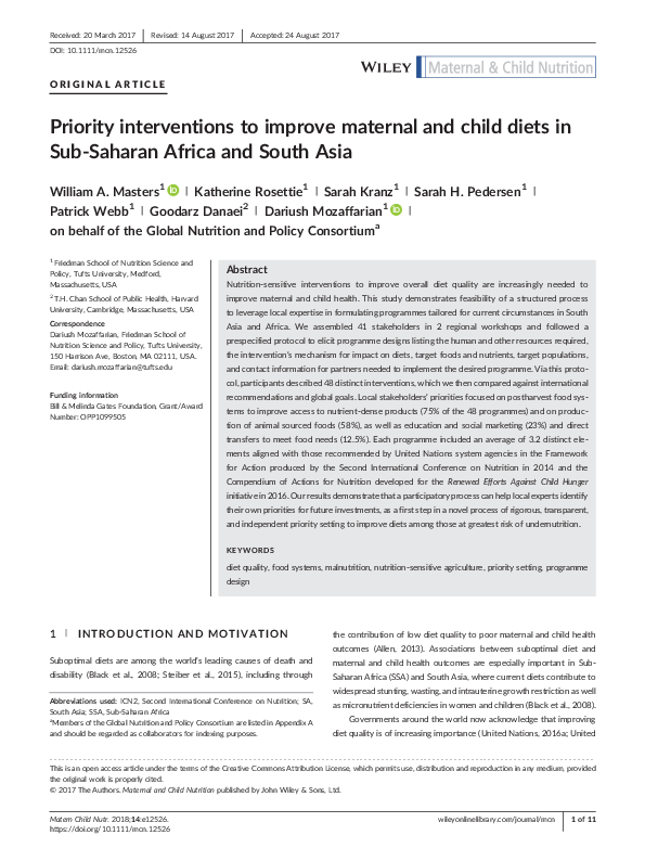 (PDF) Priority interventions to improve maternal and child diets in Sub ...