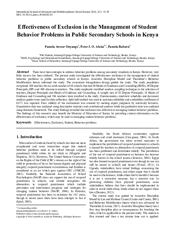 (PDF) Effectiveness of Exclusion in the Management of Student Behavior ...