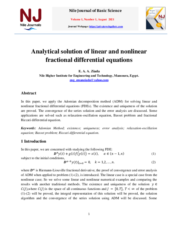 (PDF) Analytical solution of linear and nonlinear ‎fractional ...