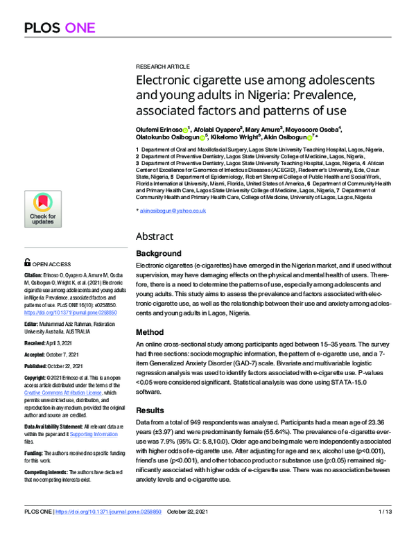e cigarette research paper pdf Notes from the Field: Use of Electronic Cigarettes and Any Tobacco Product  Among Middle and High School Students — United States, 2011–2018