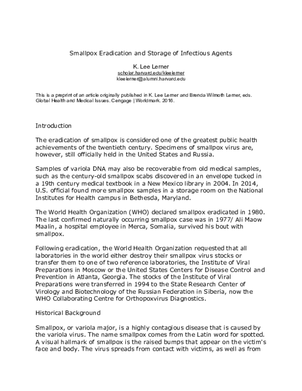 Smallpox Eradication and Storage of Infectious Agents