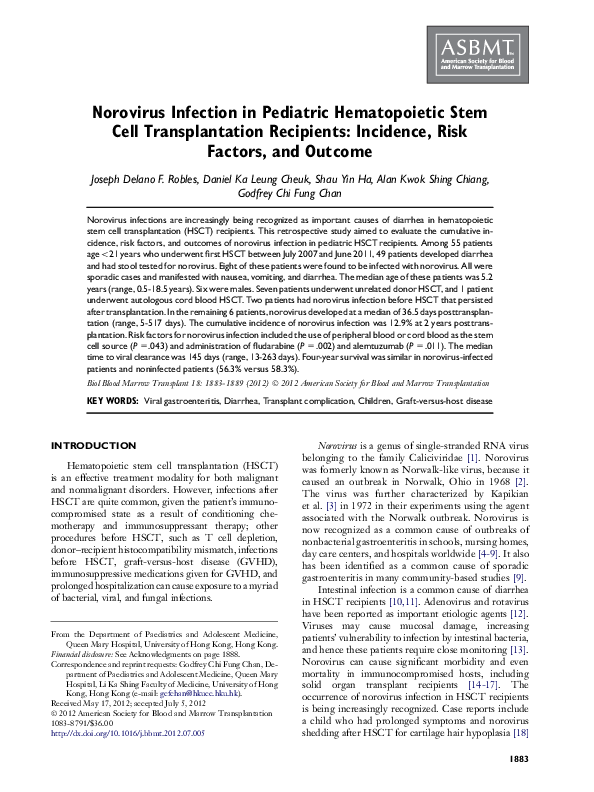 (PDF) Norovirus Infection in Pediatric Hematopoietic Stem Cell ...