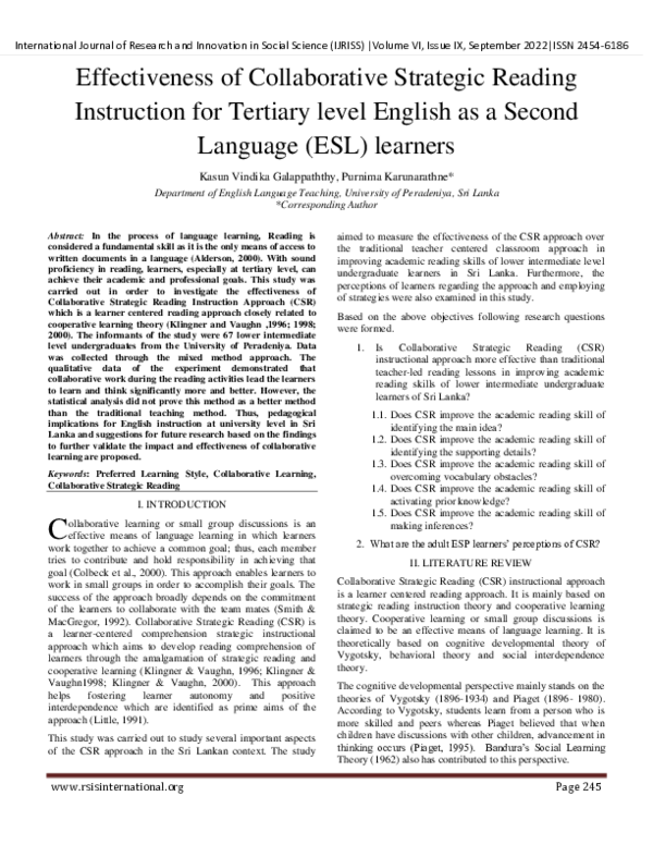 (PDF) Effectiveness of Collaborative Strategic Reading Instruction for ...