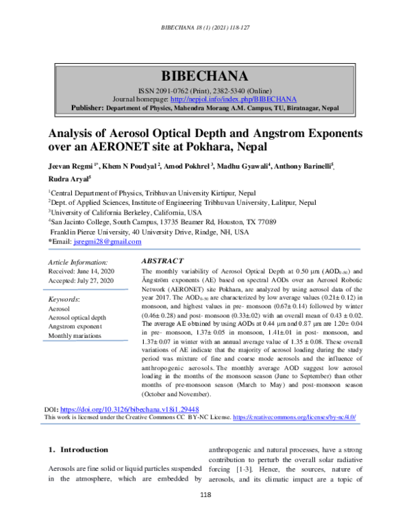 (PDF) Analysis of Aerosol Optical Depth and Angstrom Exponents over an ...