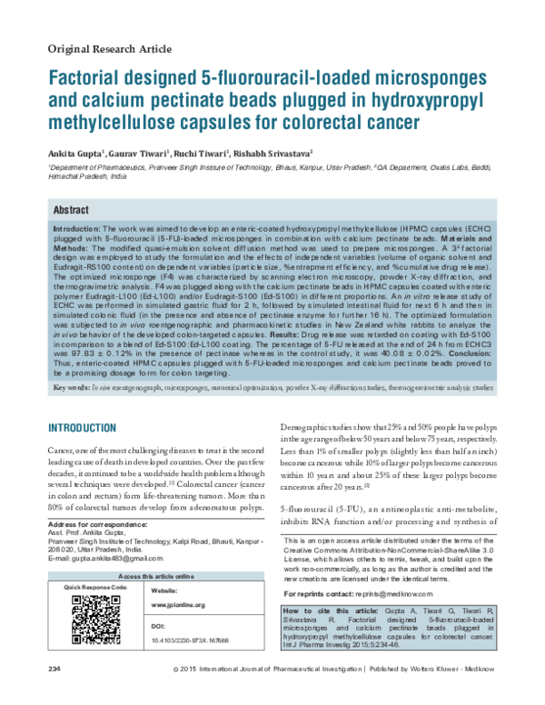 (PDF) Factorial designed 5fluorouracilloaded microsponges and calcium