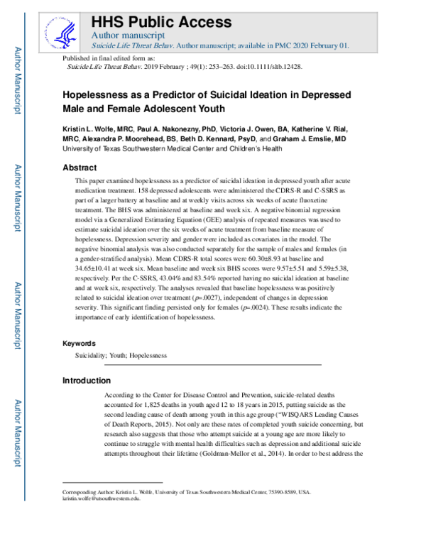 (PDF) Hopelessness as a Predictor of Suicide Ideation in Depressed Male ...