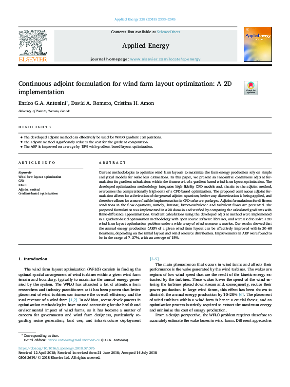 (PDF) Continuous adjoint formulation for wind farm layout optimization ...