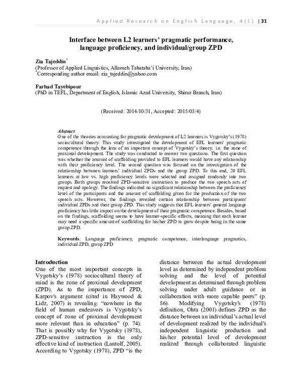 (PDF) Interface between L2 learners’ pragmatic performance, language ...