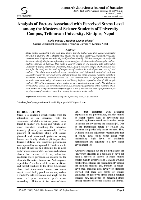 (PDF) Analysis of Factors Associated with Perceived Stress Level among ...