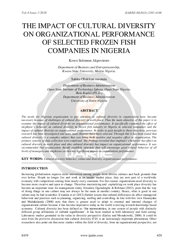 (PDF) THE IMPACT OF CULTURAL DIVERSITY ON ORGANIZATIONAL PERFORMANCE OF ...