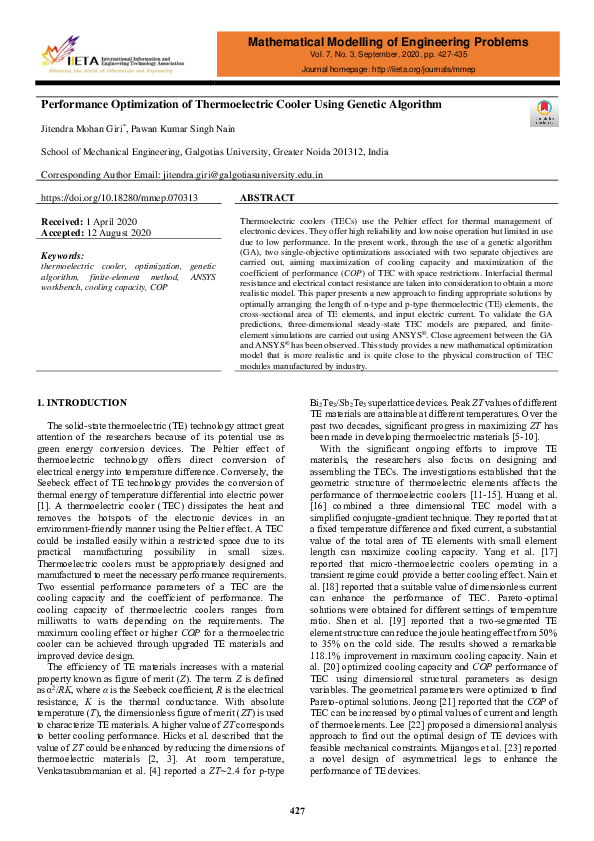 (PDF) Performance Optimization of Thermoelectric Cooler Using Genetic ...