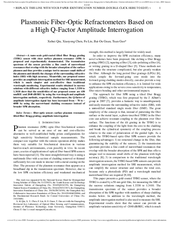 (PDF) Plasmonic FiberOptic Refractometers Based on a High QFactor