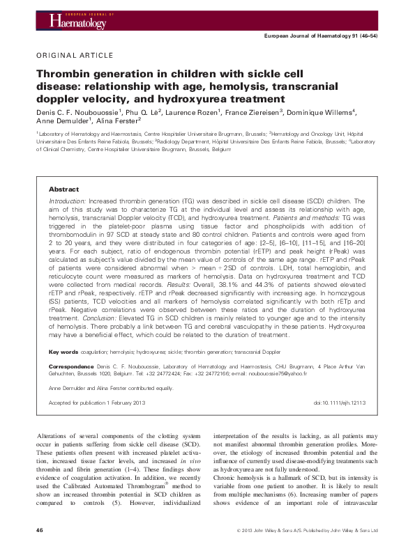 (PDF) Thrombin generation in children with sickle cell disease ...