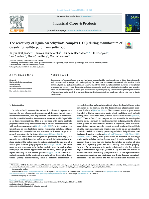 (PDF) The reactivity of lignin carbohydrate complex (LCC) during ...