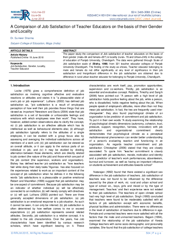 (PDF) A Comparison Of Job Satisfaction Of Teacher Educators On The ...