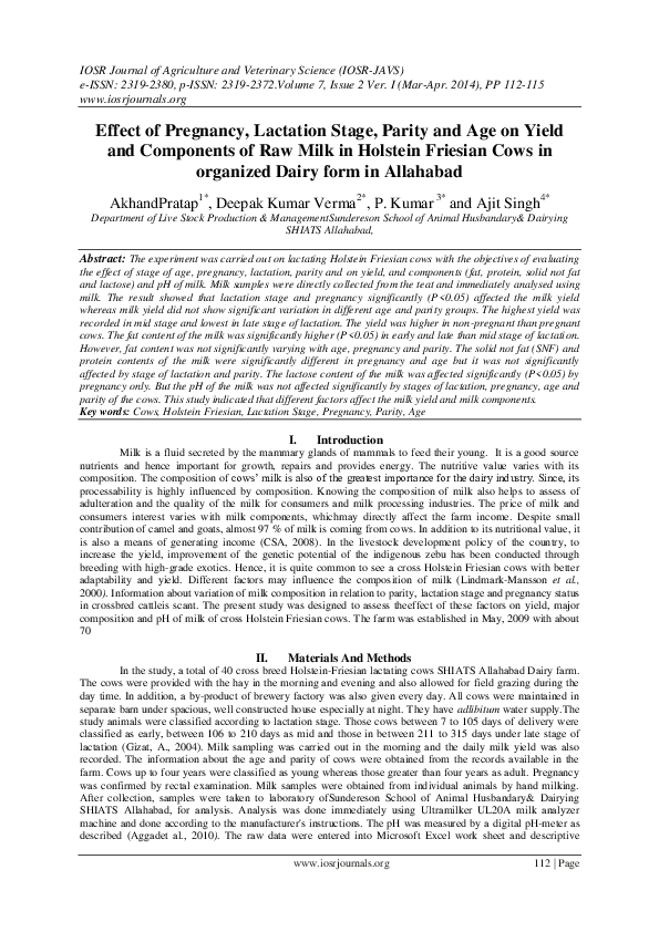 (PDF) Effect of Pregnancy, Lactation Stage, Parity and Age on Yield and ...