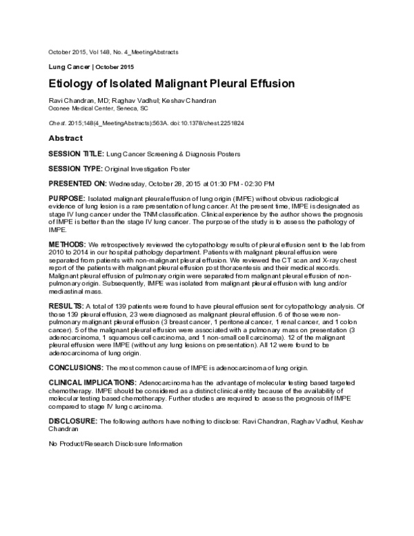 (PDF) Etiology of Isolated Malignant Pleural Effusion