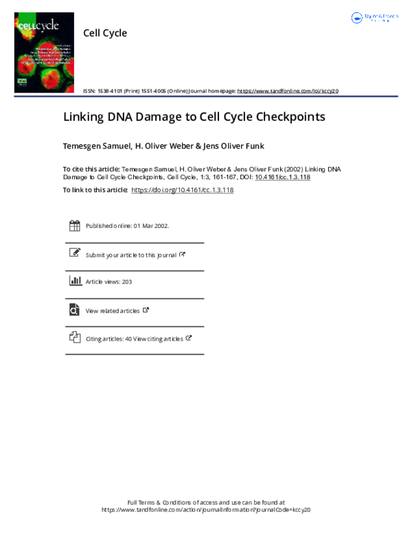 (PDF) Linking DNA Damage to Cell Cycle Checkpoints Temesgen Samuel