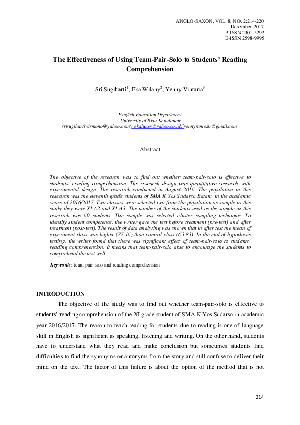 (PDF) The Effectiveness of Using Team-Pair-Solo to Students’ Reading ...