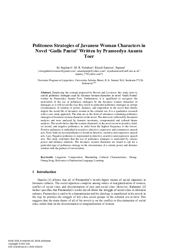 (PDF) Politeness Strategies of Javanese Woman Characters in Novel ...