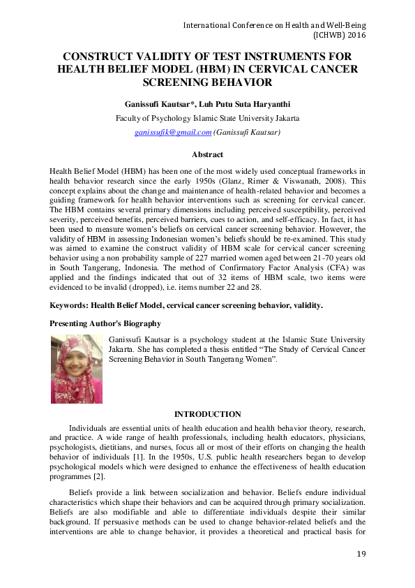 (PDF) Construct Validity Of Test Instruments For Health Belief Model ...