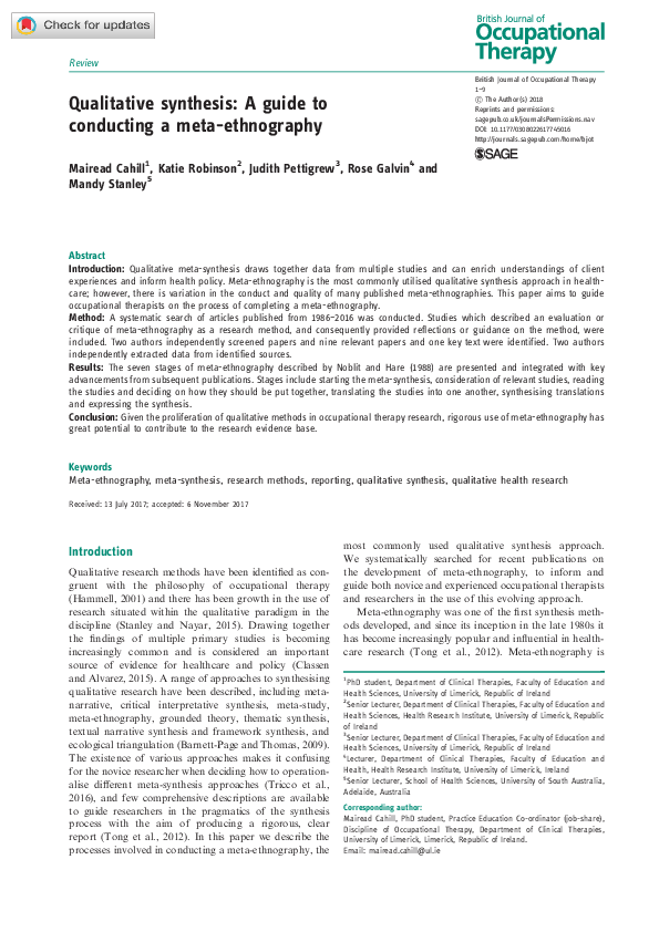 (PDF) Qualitative synthesis: A guide to conducting a meta-ethnography