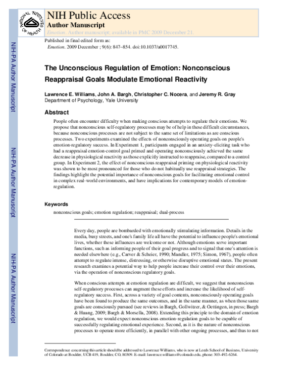 (PDF) The unconscious regulation of emotion: Nonconscious reappraisal ...
