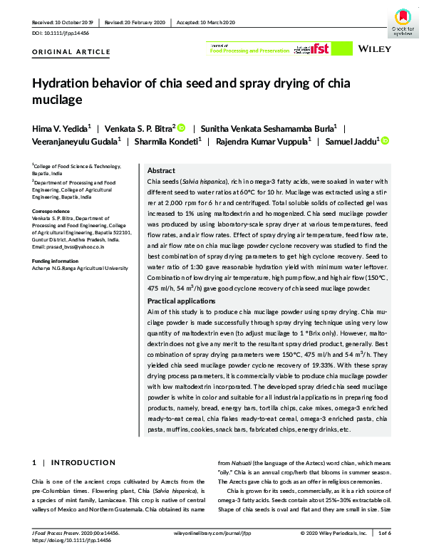 (PDF) Hydration behavior of chia seed and spray drying of chia mucilage