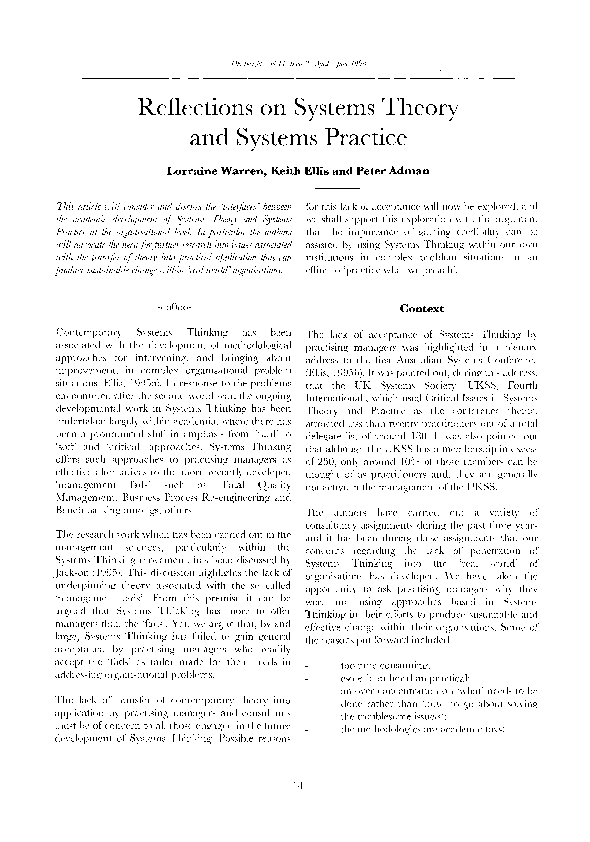 (PDF) Reflections on Systems Theory and Systems Practice
