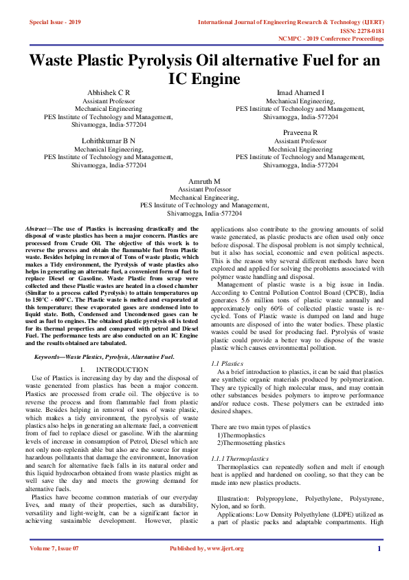 (PDF) Waste Plastic Pyrolysis Oil alternative Fuel for an IC Engine