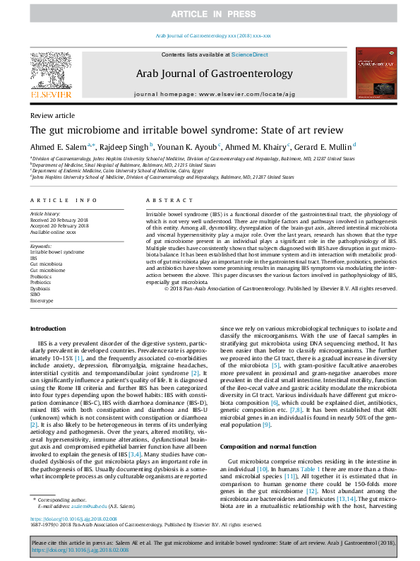 (PDF) The gut microbiome and irritable bowel syndrome: State of art review