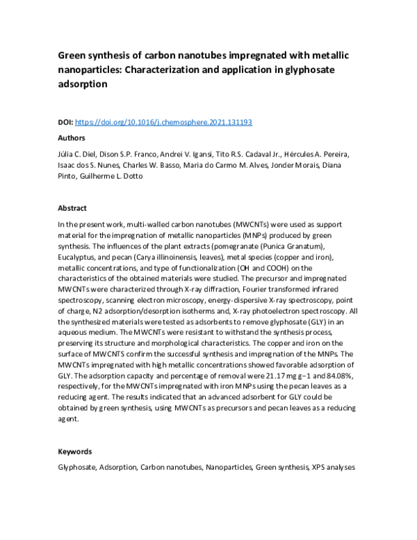 (PDF) Green synthesis of carbon nanotubes impregnated with metallic ...
