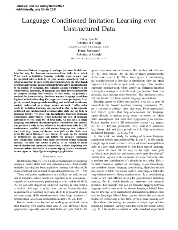 (PDF) Language Conditioned Imitation Learning Over Unstructured Data