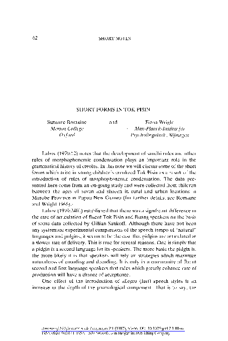(PDF) Short Forms in Tok Pisin