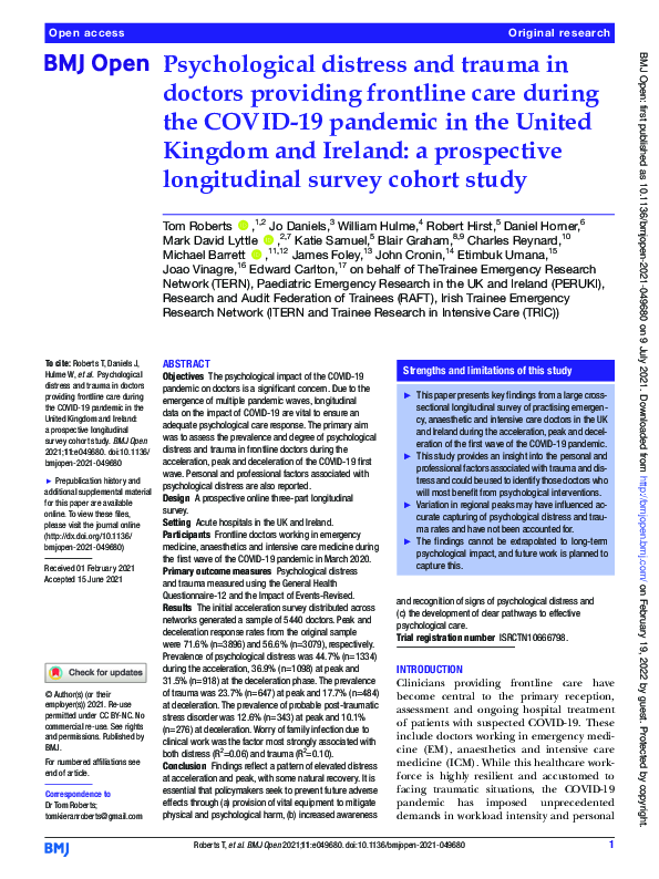 (PDF) Psychological distress and trauma in doctors providing frontline ...