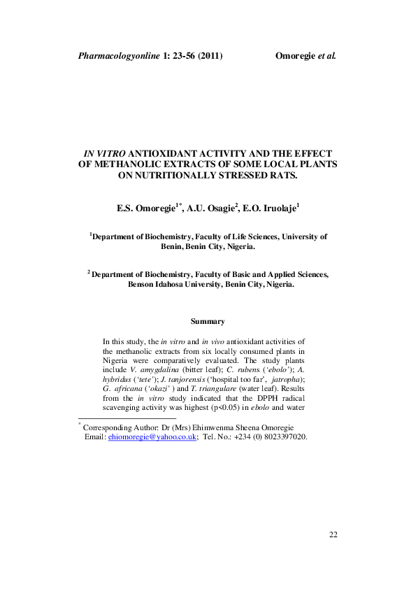 (PDF) In Vitro Antioxidant Activity and the Effect of Methanolic ...