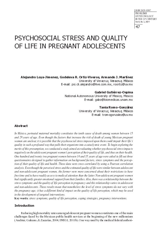 (PDF) Psychosocial Stress and Quality of Life in Pregnant Adolescents
