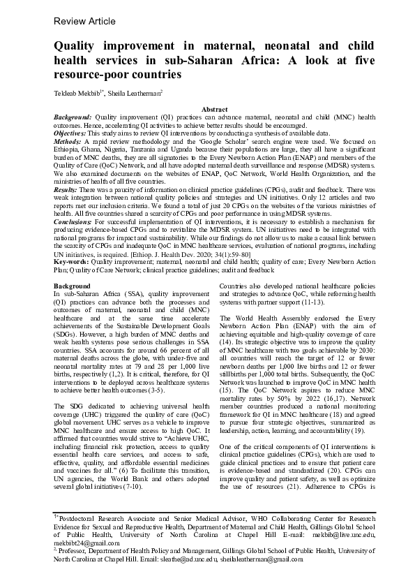 (PDF) Quality improvement in maternal, neonatal and child health ...