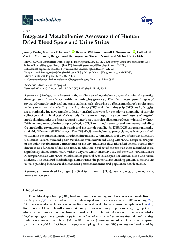 (PDF) Integrated Metabolomics Assessment of Human Dried Blood Spots and ...