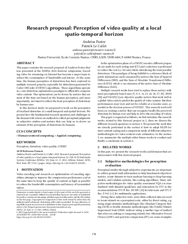 (PDF) Perception of video quality at a local spatio-temporal horizon