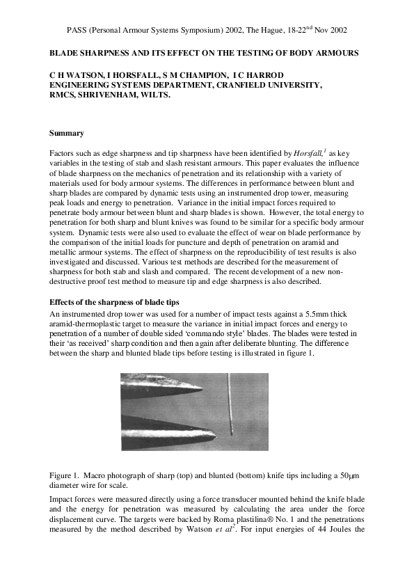 (PDF) Blade Sharpness and its Effect on the Testing of Body Armours