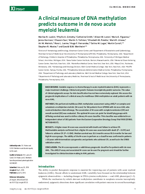 (PDF) A clinical measure of DNA methylation predicts outcome in de novo ...