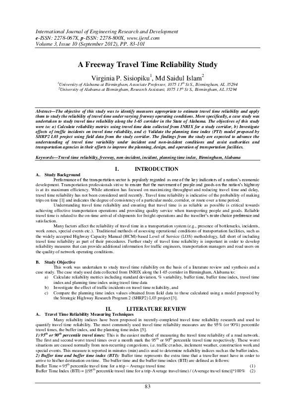 (PDF) A freeway travel time reliability study Virginia Sisiopiku